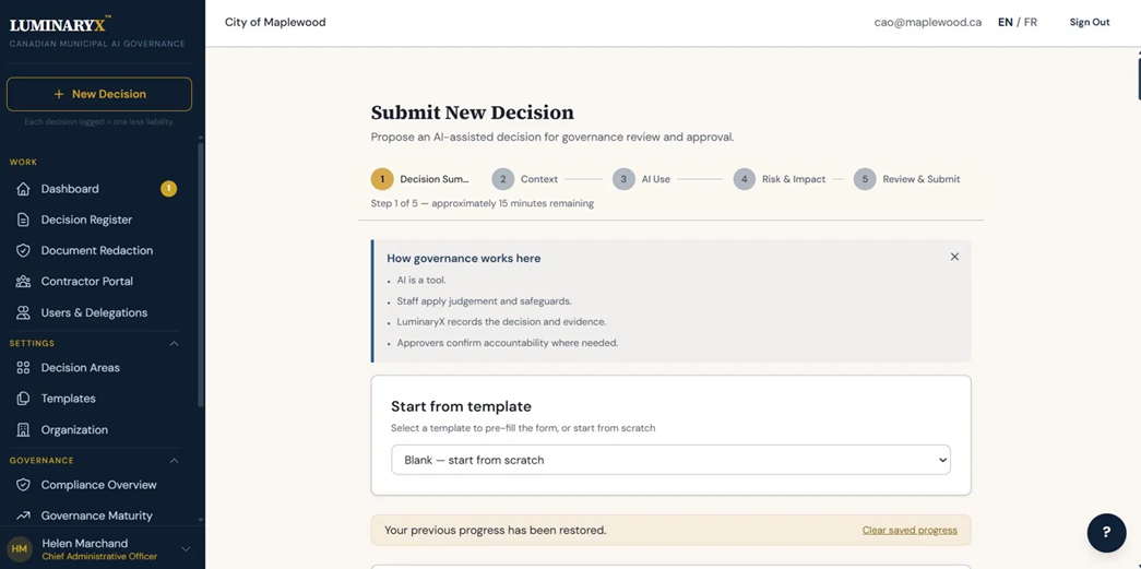The LUMINARYX decision register: a five-step workflow for submitting an AI-assisted decision for governance review and approval, shown for a demo municipality.